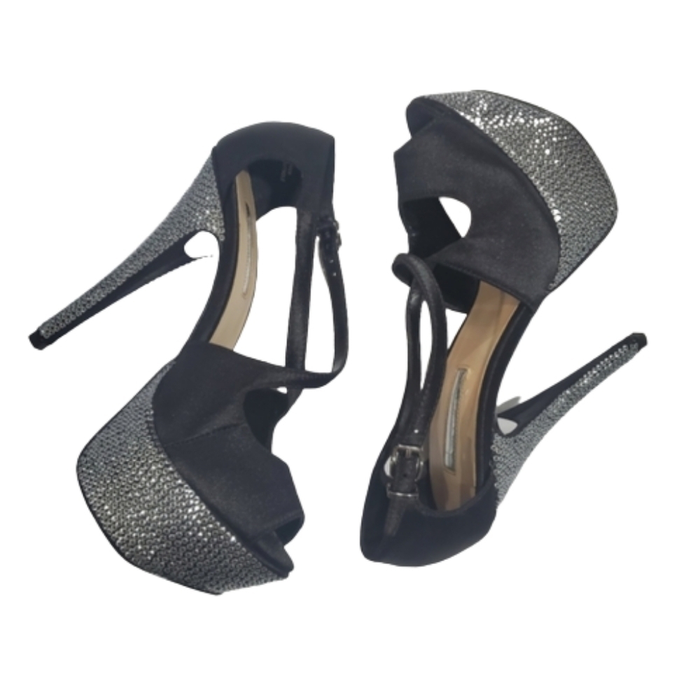 H by Halston Black Leather Rhinestone Platforms 7